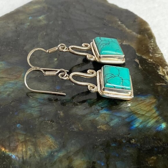 Sterling Silver 925 1.64" Rectangular Bezel Set Faux Turquoise Dangle Earrings - Picture 5 of 16